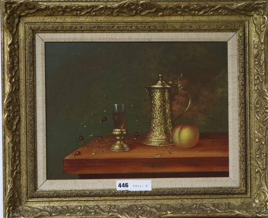 Kiss, oil on board, table top still life, signed, 30 x 40cm